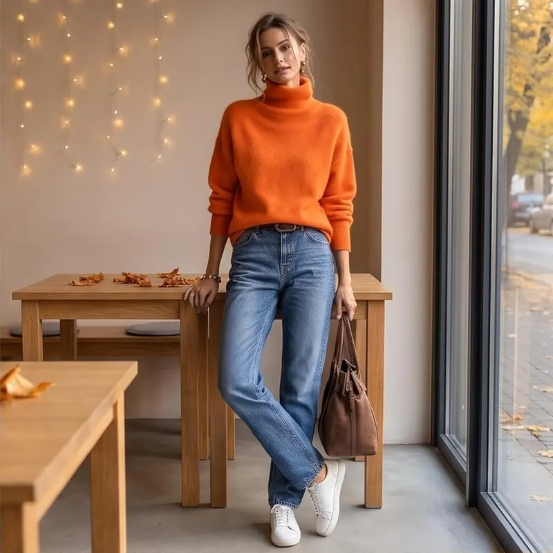 Generic Sweaters for Women Turtleneck Knit Oversized A009-orange – Feature