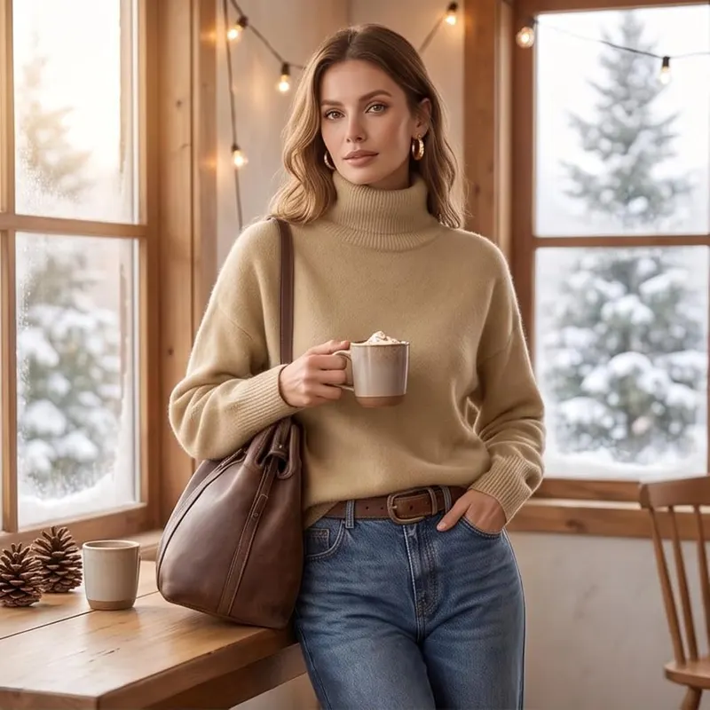 Generic Turtleneck Sweater Women Knit Oversized Pullover A002-beige Large – product photo 3 of 6