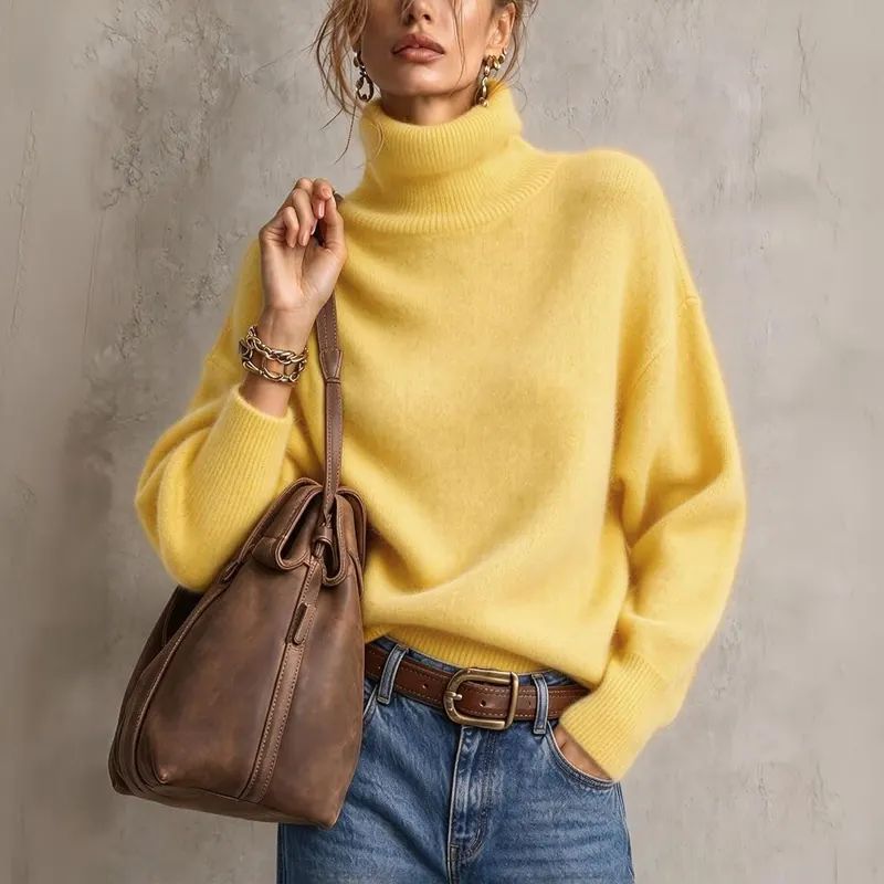 Generic Turtleneck Sweater Women Knit Oversized Pullover A013-yellow – Material