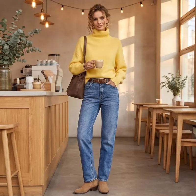 Generic Turtleneck Sweater Women Knit Oversized Pullover A013-yellow – Design