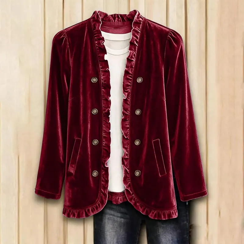 Generic Velvet Blazer – Soft ruffled stand collar