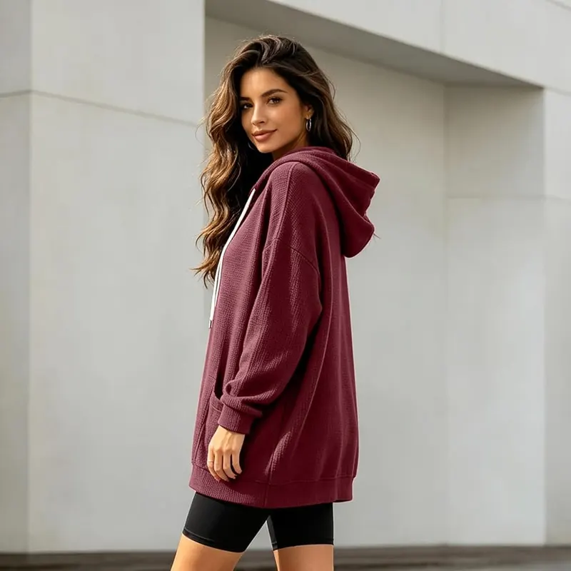 Generic Waffle Knit Tops A004-wine – Hooded Style