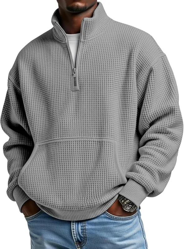 Generic Waffle Quarter Zip Pullover Men Oversized K002-gray Small in K002-gray