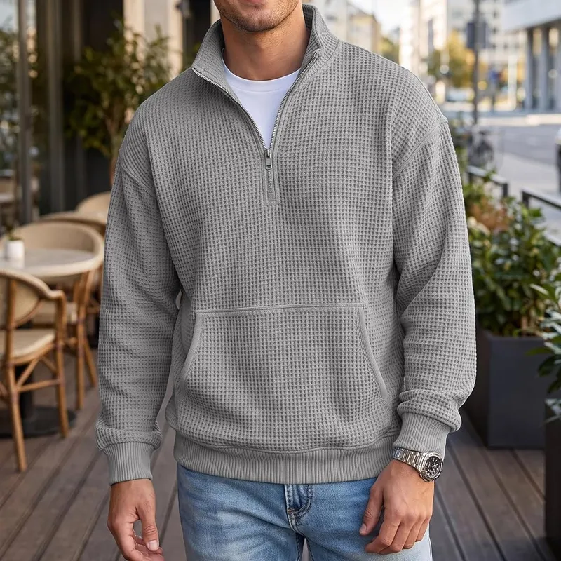 Generic Waffle Quarter Zip Pullover Men Oversized K002-gray Small – Distinctive Waffle Knit Texture