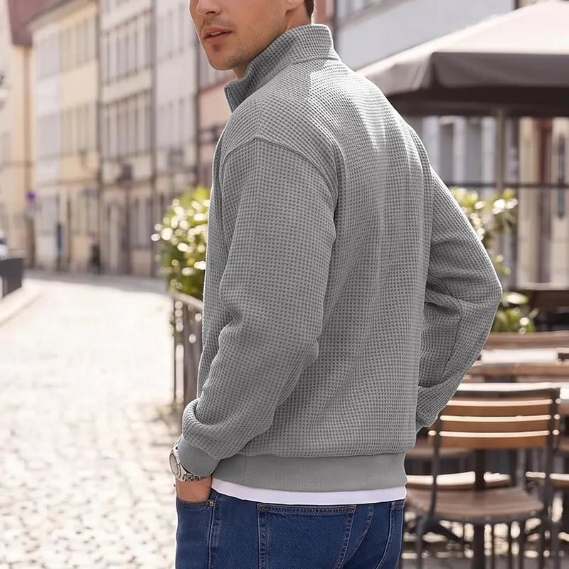 Generic Waffle Quarter Zip Pullover Men Oversized K002-gray Small – Versatile Quarter-Zip Mock Neck