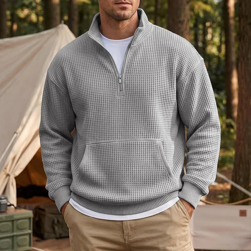 Generic Waffle Quarter Zip Pullover Men Oversized K002-gray Small – Ribbed Cuffs & Hem Detailing