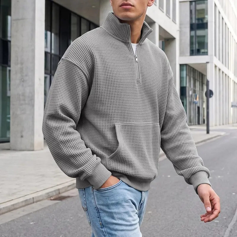 Generic Waffle Quarter Zip Pullover Men Oversized K002-gray Small – Functional Kangaroo Pocket