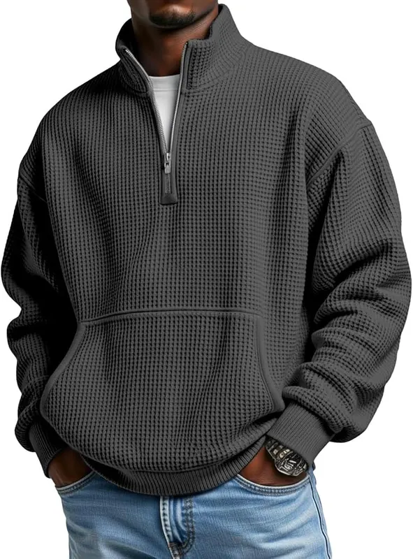 Generic Waffle Quarter Zip Pullover Men Oversized K004-black XX-Large in K004-black