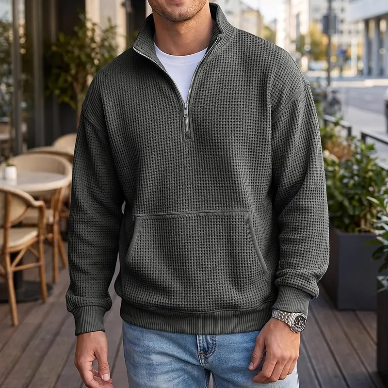 Generic Waffle Quarter Zip Pullover Men Oversized K004-black XX-Large – Distinctive Waffle Knit Texture