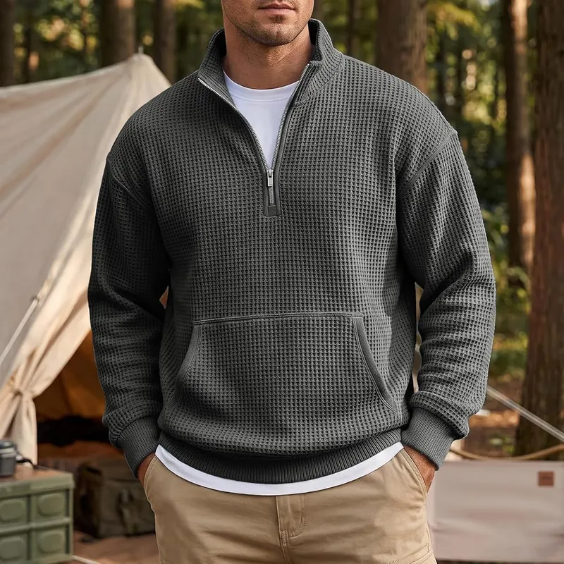 Generic Waffle Quarter Zip Pullover Men Oversized K004-black XX-Large – Ribbed Cuffs & Hem Detailing