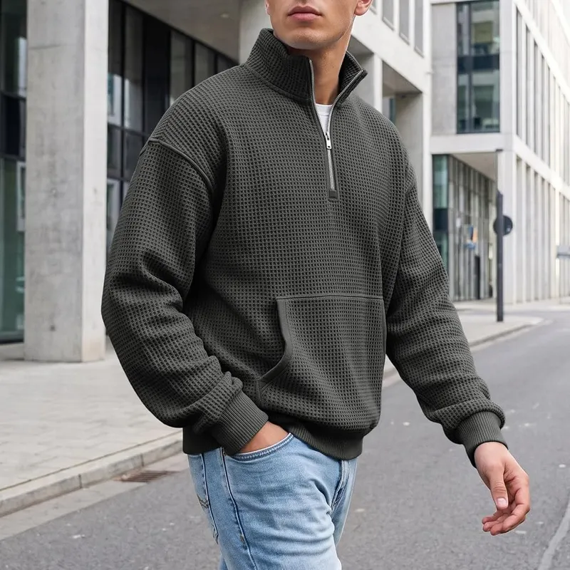 Generic Waffle Quarter Zip Pullover Men Oversized K004-black XX-Large – Functional Kangaroo Pocket