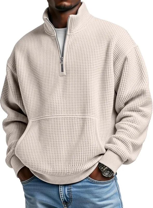 Generic Waffle Quarter Zip Pullover Men Oversized K005-khaki in K005-khaki