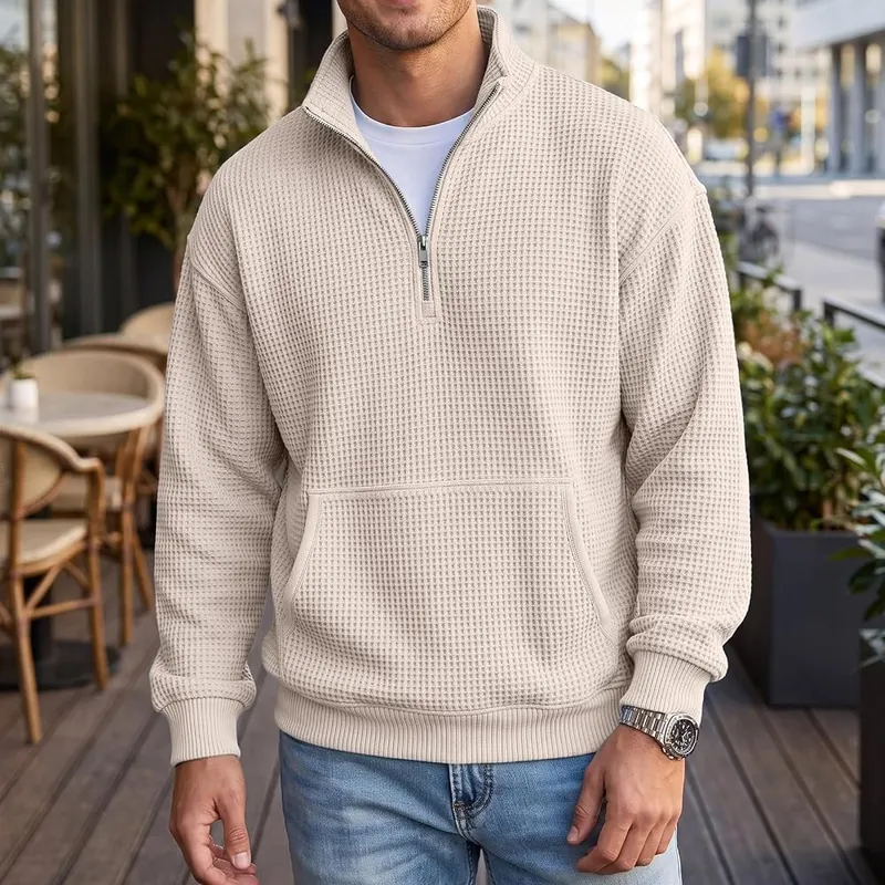 Generic Waffle Quarter Zip Pullover Men Oversized K005-khaki – Distinctive Waffle Knit Texture