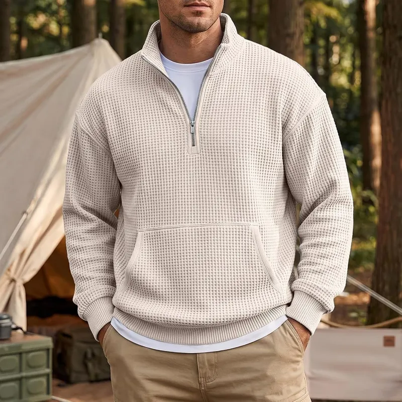 Generic Waffle Quarter Zip Pullover Men Oversized K005-khaki – Ribbed Cuffs & Hem Detailing