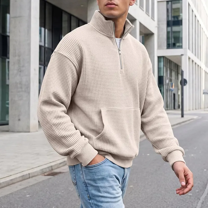 Generic Waffle Quarter Zip Pullover Men Oversized K005-khaki – Functional Kangaroo Pocket