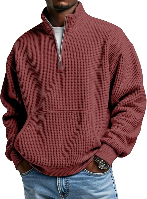 Generic Waffle Quarter Zip Pullover Men Oversized K010-wine Small in K010-wine