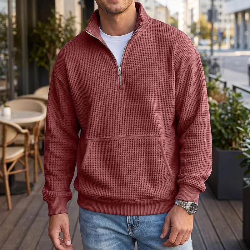 Generic Waffle Quarter Zip Pullover Men Oversized K010-wine Small – Distinctive Waffle Knit Texture