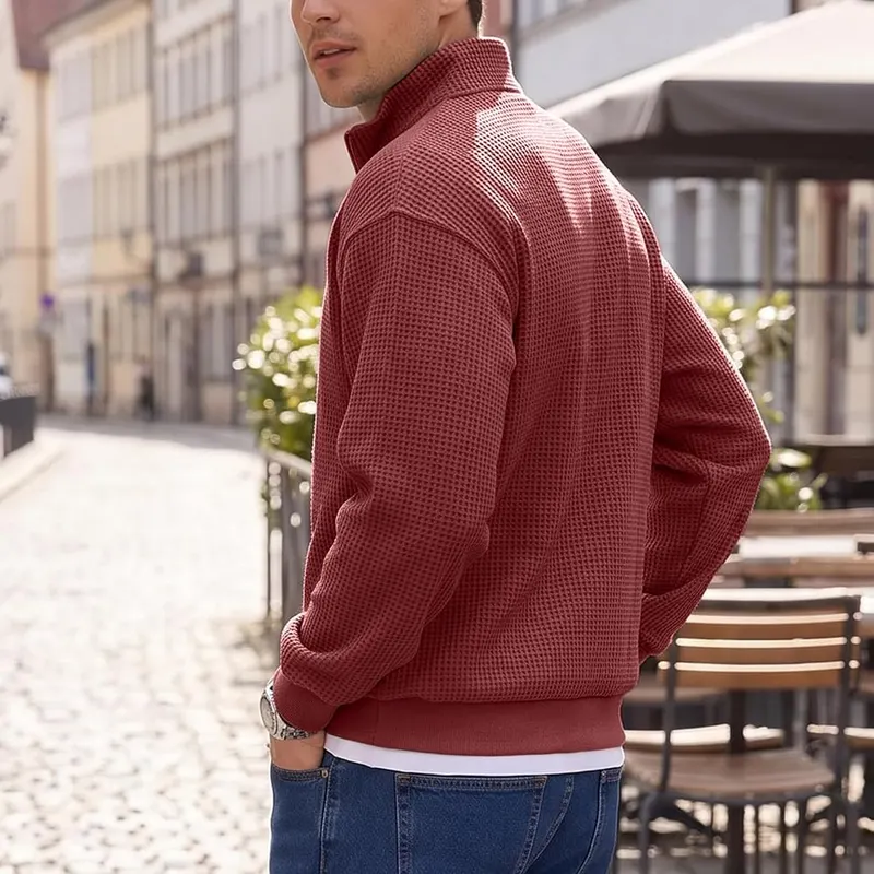 Generic Waffle Quarter Zip Pullover Men Oversized K010-wine Small – Versatile Quarter-Zip Mock Neck