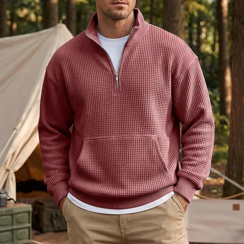 Generic Waffle Quarter Zip Pullover Men Oversized K010-wine Small – Ribbed Cuffs & Hem Detailing