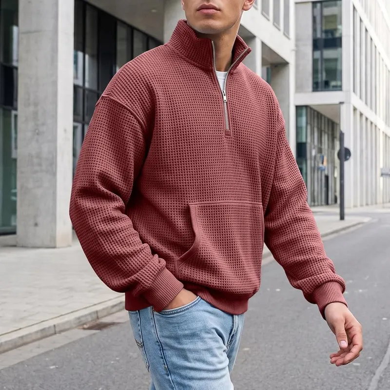 Generic Waffle Quarter Zip Pullover Men Oversized K010-wine Small – Functional Kangaroo Pocket