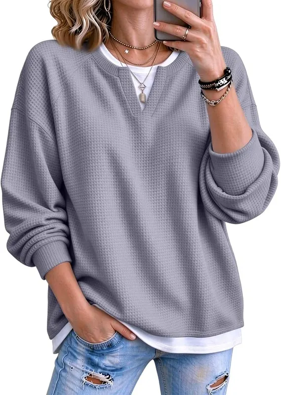 Generic Waffle Tops for Women V Neck A01-gray – product photo 2 of 7