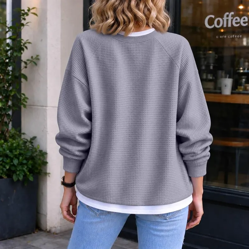Generic Waffle Tops for Women V Neck A01-gray – product photo 4 of 7