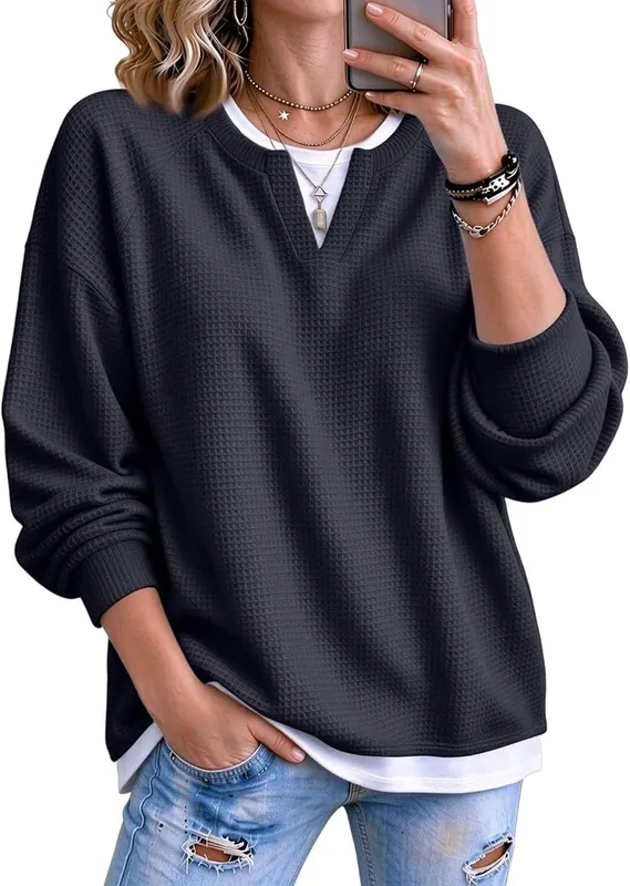 Generic Waffle Tops for Women V Neck in D03 Dark Grey