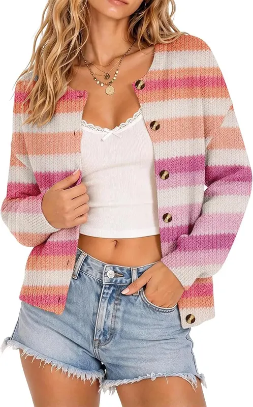 Generic Women Cardigan Striped Rainbow Cute Button in D02 Pink