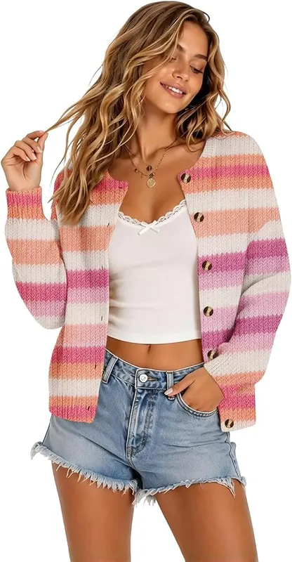 Generic Women Cardigan Striped Rainbow Cute Button – product photo 2 of 4