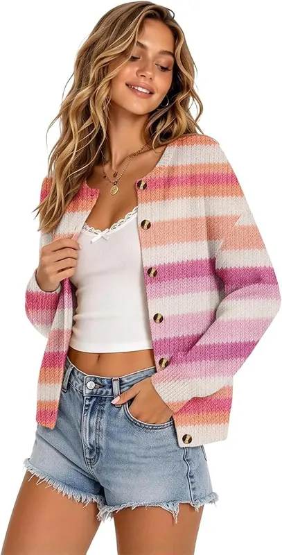 Generic Women Cardigan Striped Rainbow Cute Button – product photo 4 of 4