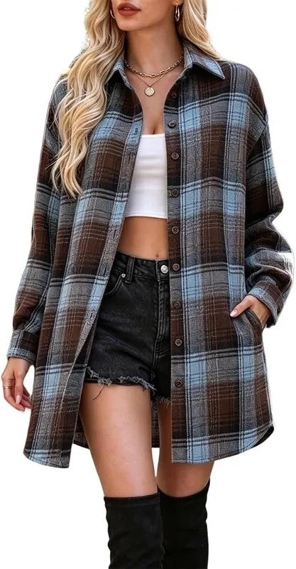 Generic Women Plaid Jacket Fall Long Sleeve in D07 Blue