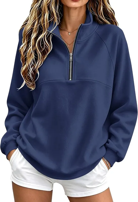 Generic Women Quarter Zip Pullover Y2K Loose A011-royal Blue in A011-royal Blue