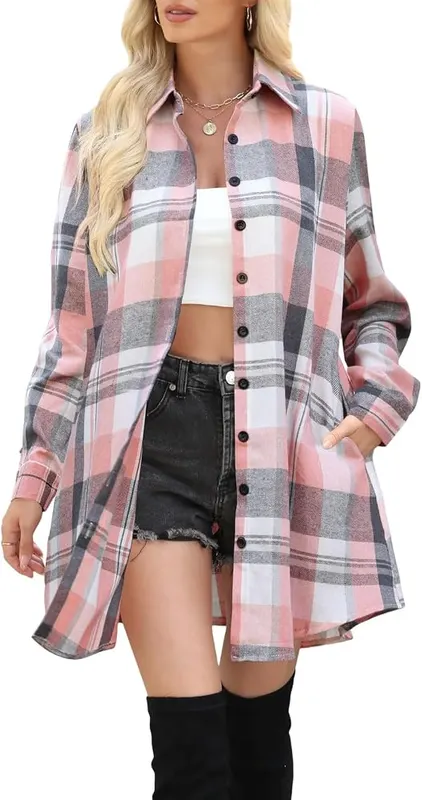 Generic Women’s Plaid Coat Casual Button Down D08 Light Pink in D08 Light Pink