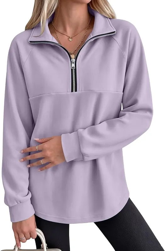 Generic Women’s Quarter Zip Pullover Loose Fit A006-light Purple XX-Large – Quarter Zip Mock Neck