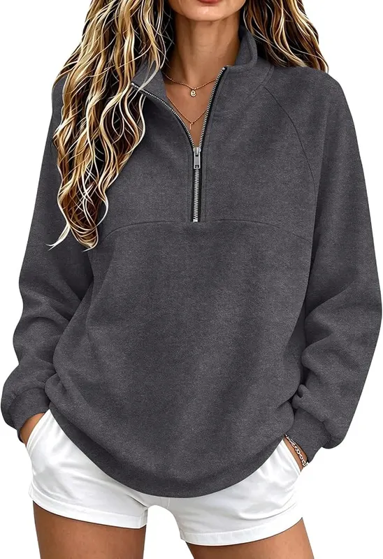 Generic Women’s Quarter Zip Pullover Oversized Plain A005-gray in A005-gray