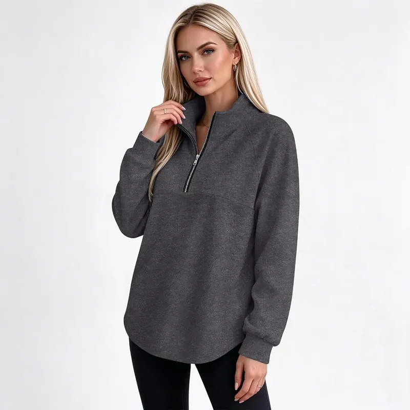 Generic Women’s Quarter Zip Pullover Oversized Plain A005-gray – Quarter Zip Mock Neck