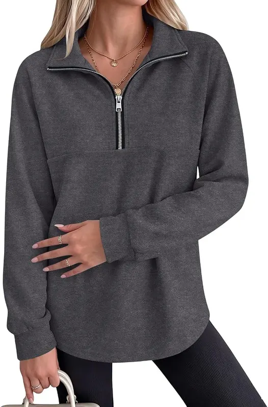 Generic Women’s Quarter Zip Pullover Oversized Plain A005-gray – Oversized Relaxed Fit