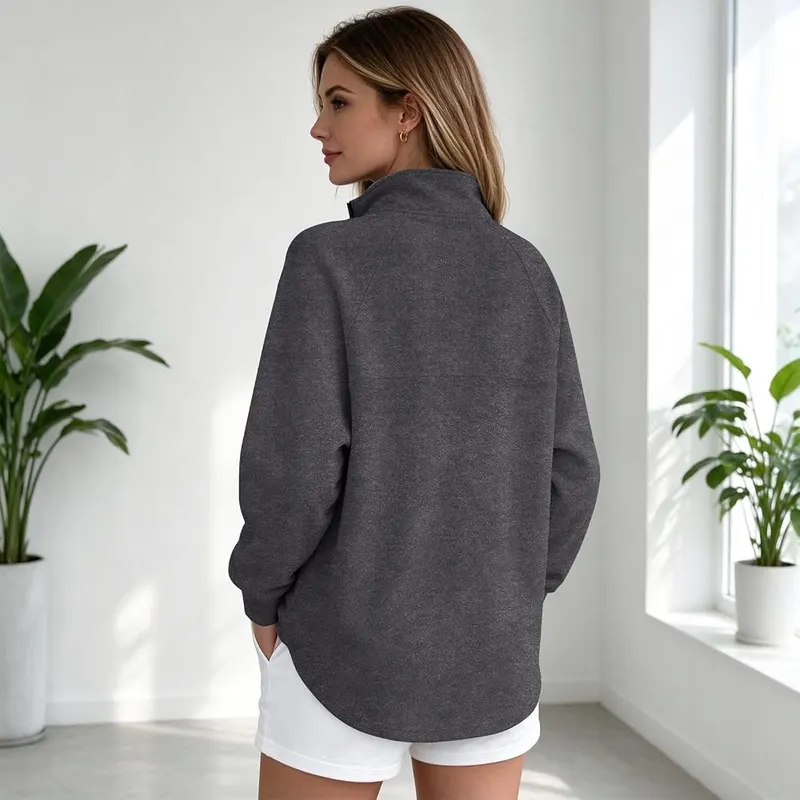 Generic Women’s Quarter Zip Pullover Oversized Plain A005-gray – Versatile for Everyday Wear