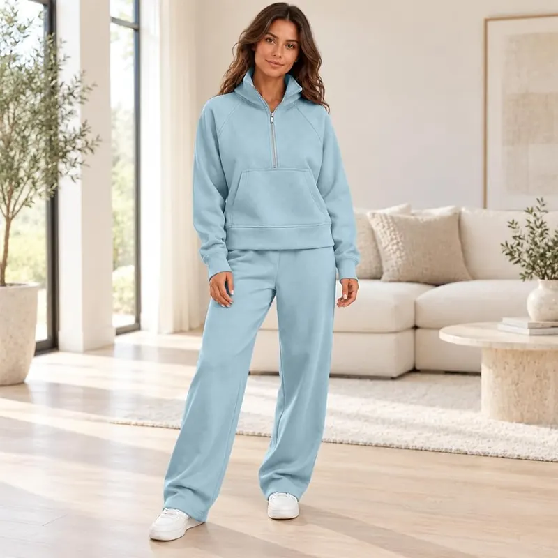 Generic Women Sweatsuits 2 Piece Set Plus – Quarter zip pullover with stand collar