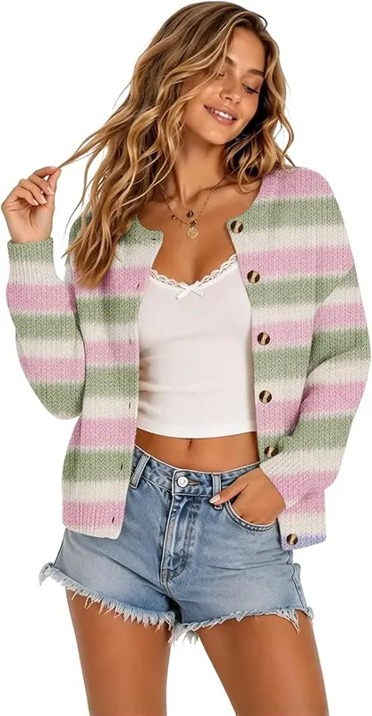Generic Womens Button Up Sweater Rainbow Cardigan A004-green in A004-green