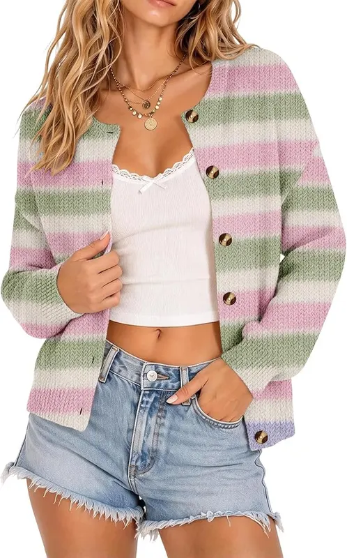 Generic Womens Button Up Sweater Rainbow Cardigan A004-green – product photo 2 of 4