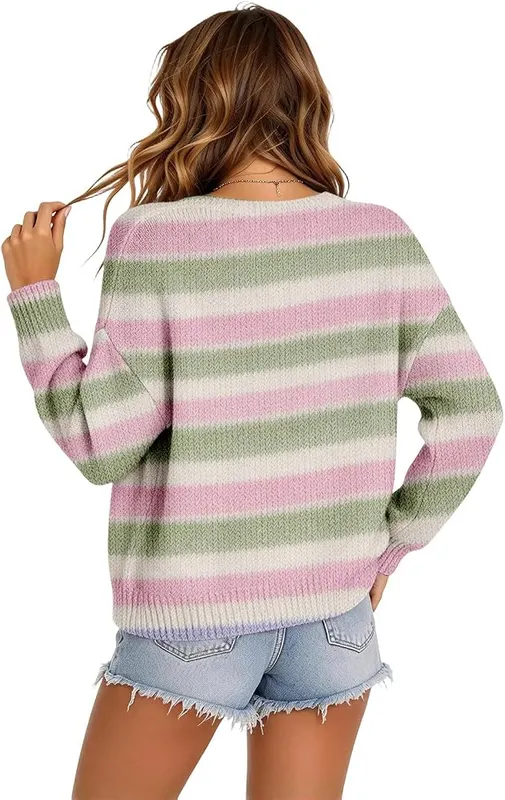 Generic Womens Button Up Sweater Rainbow Cardigan A004-green – product photo 3 of 4