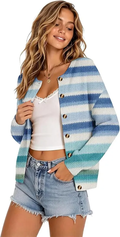 Generic Womens Cardigan Sweater Cute Striped Button – product photo 2 of 4