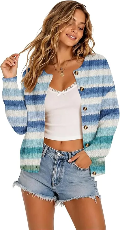Generic Womens Cardigan Sweater Cute Striped Button – product photo 4 of 4