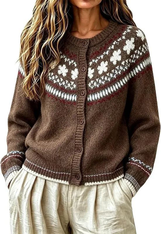 Generic Womens Cardigan Sweaters Long Sleeve Button in Brown