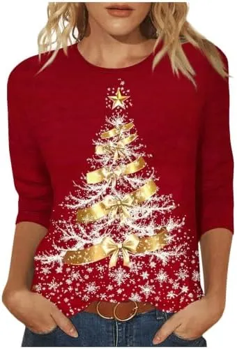 Generic Womens Christmas 3/4 Sleeve Graphic T – Comfortable crewneck neckline