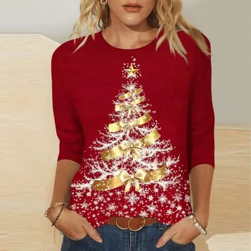 Generic Womens Christmas 3/4 Sleeve Graphic T – Three quarter length sleeves