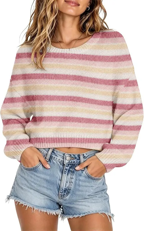 Generic Womens Cropped Sweater Striped Crewneck Rainbow in D06 Watermelon Red