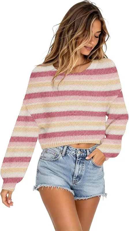 Generic Womens Cropped Sweater Striped Crewneck Rainbow – Lightweight Knit Fabric