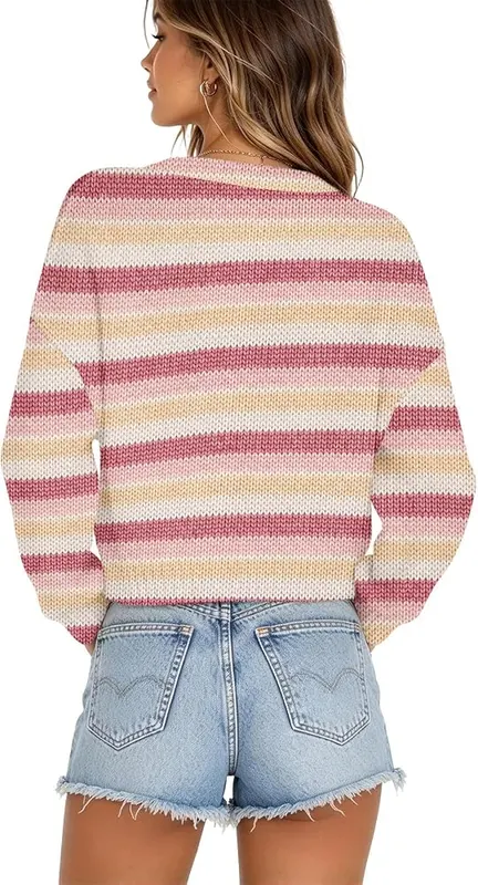 Generic Womens Cropped Sweater Striped Crewneck Rainbow – Relaxed Oversized Silhouette